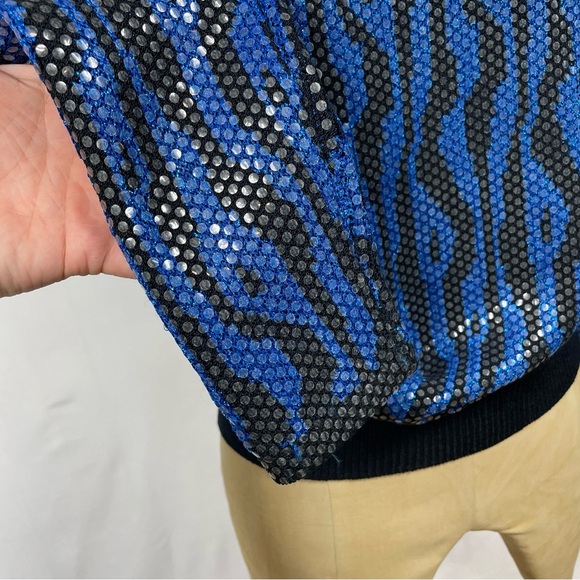 Vtg 80s Glam St. John Knit Sweater Blue Zebra Top Rock Sequin Shiny Retro Print - Picture 7 of 16